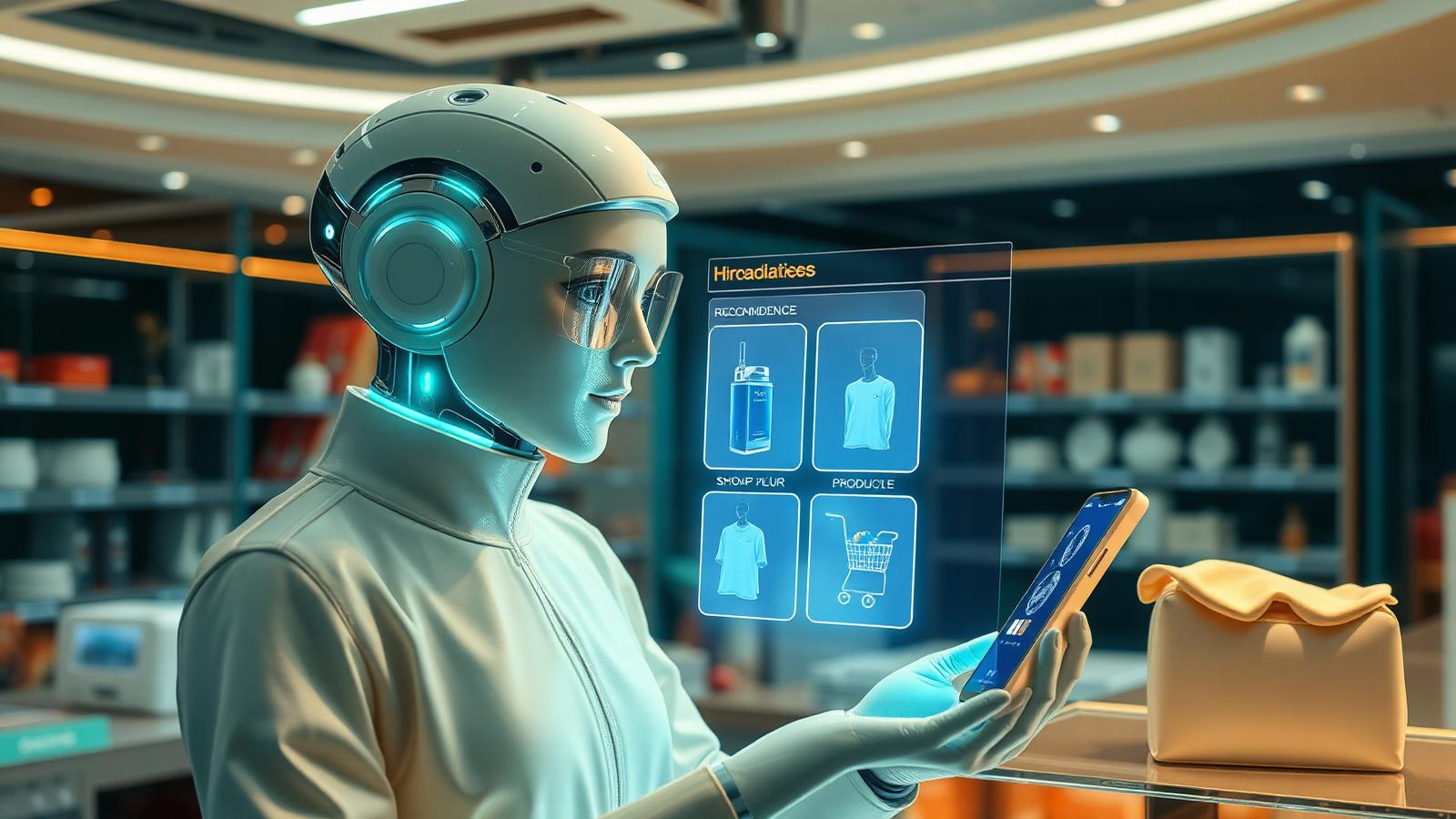 AI shopping assistant showing personalized product recommendations on a holographic display