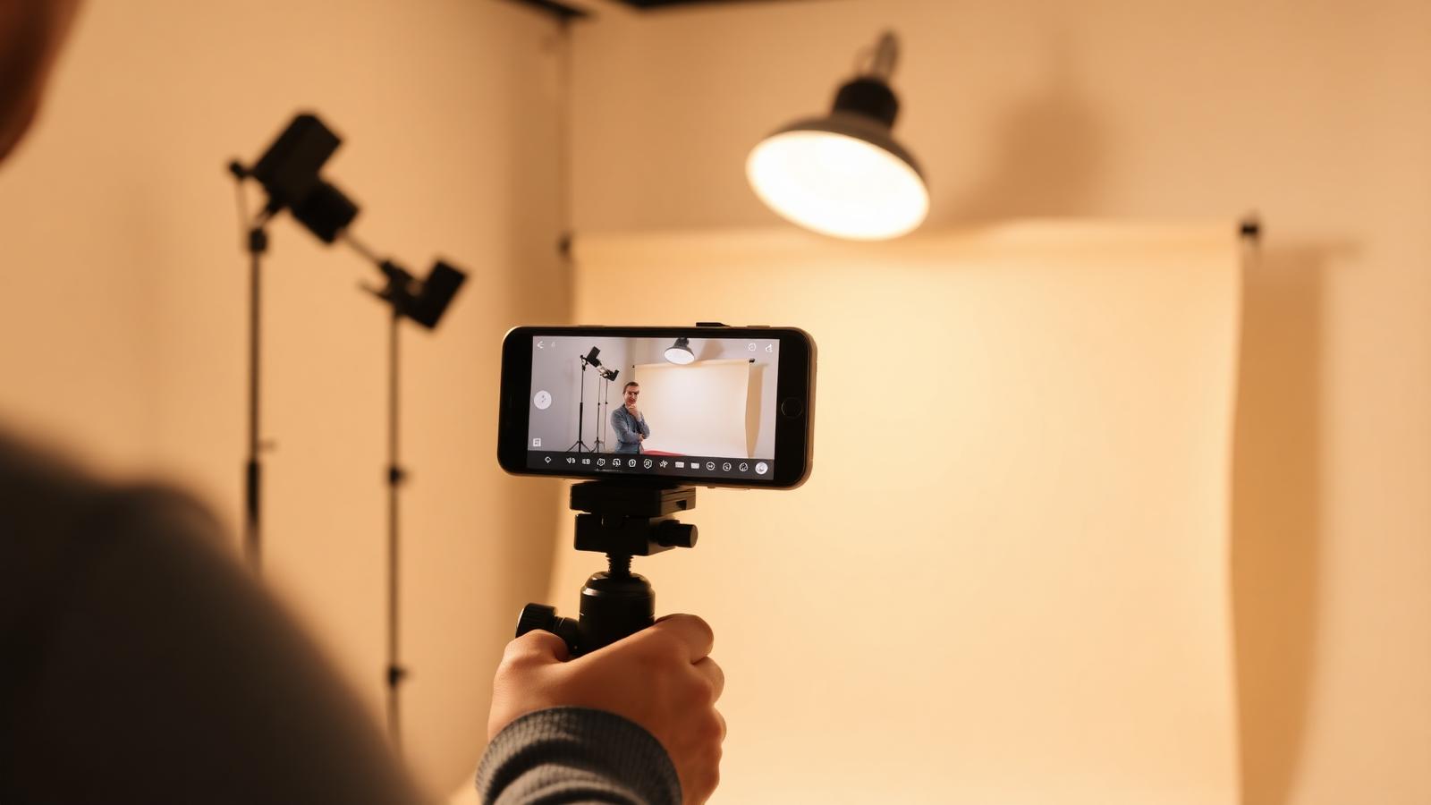 Creator recording a short-form vertical video on a smartphone tripod with studio lighting